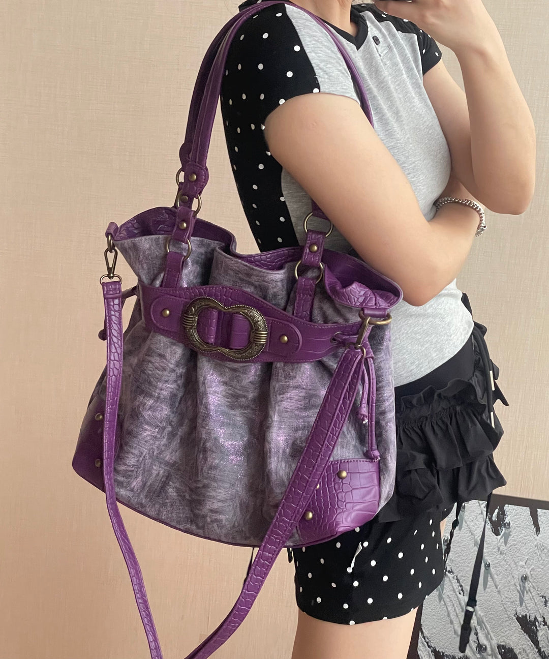 Stylish Purple Drawstring  Faux Leather Pouch Bag
