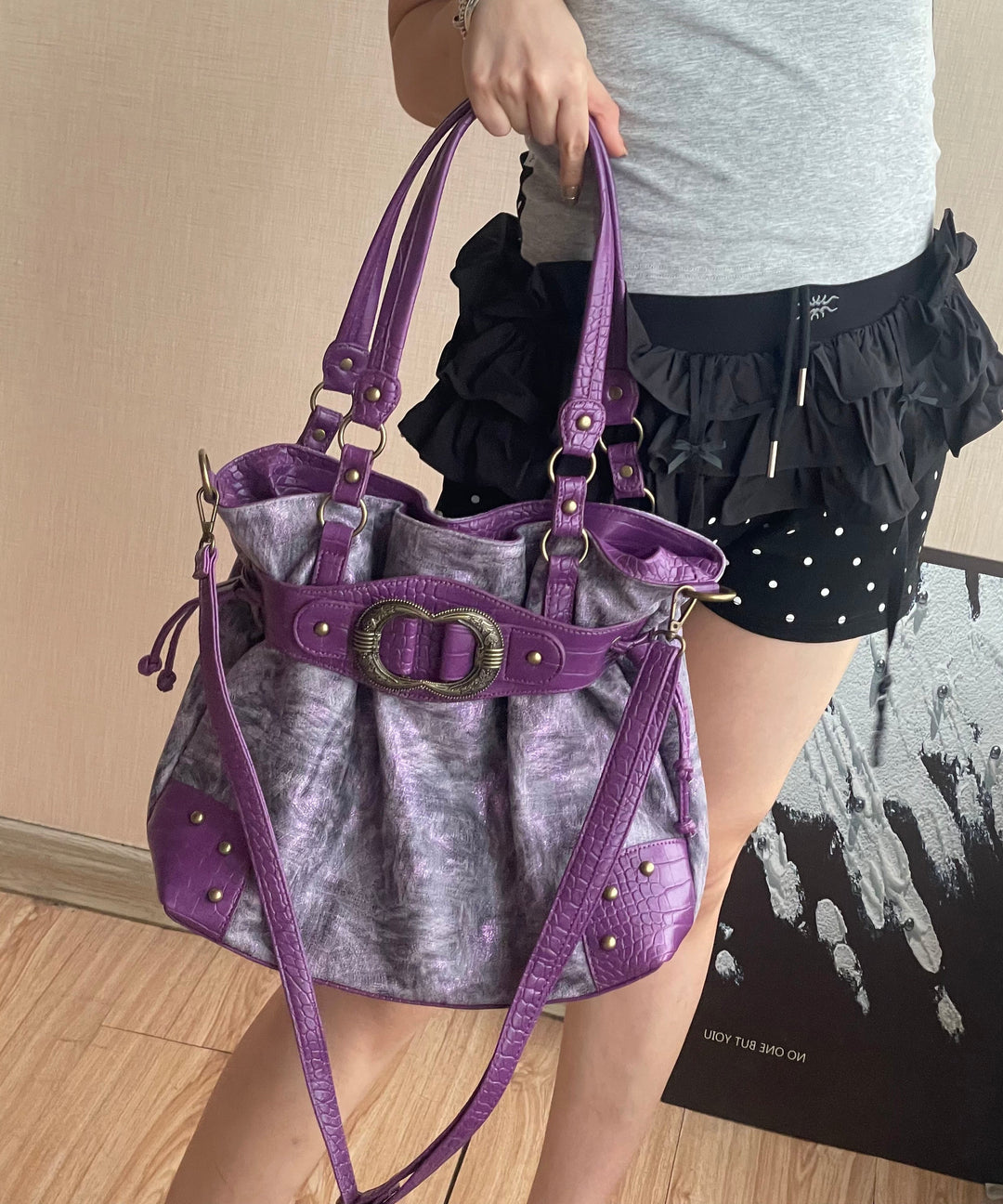 Stylish Purple Drawstring  Faux Leather Pouch Bag