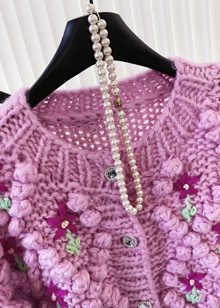 Stylish Purple Embroidered Warm Knit Cardigan Winter