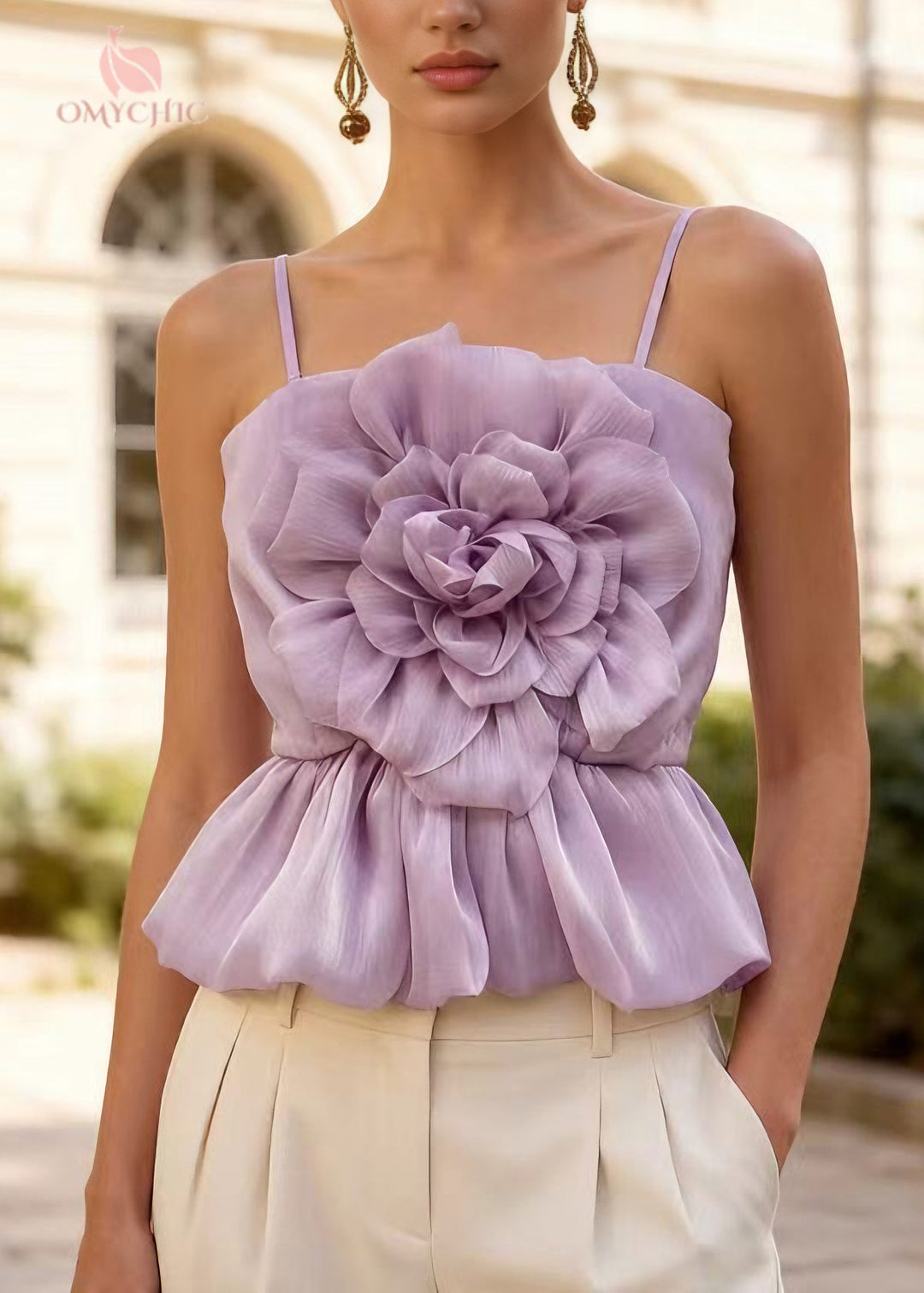 Stylish Purple Floral Tulle Spaghetti Strap Top Summer