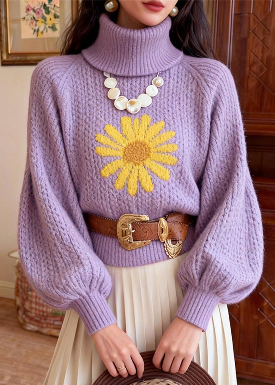 Stylish Purple Hign Neck Jacquard Knit Short Sweater Winter