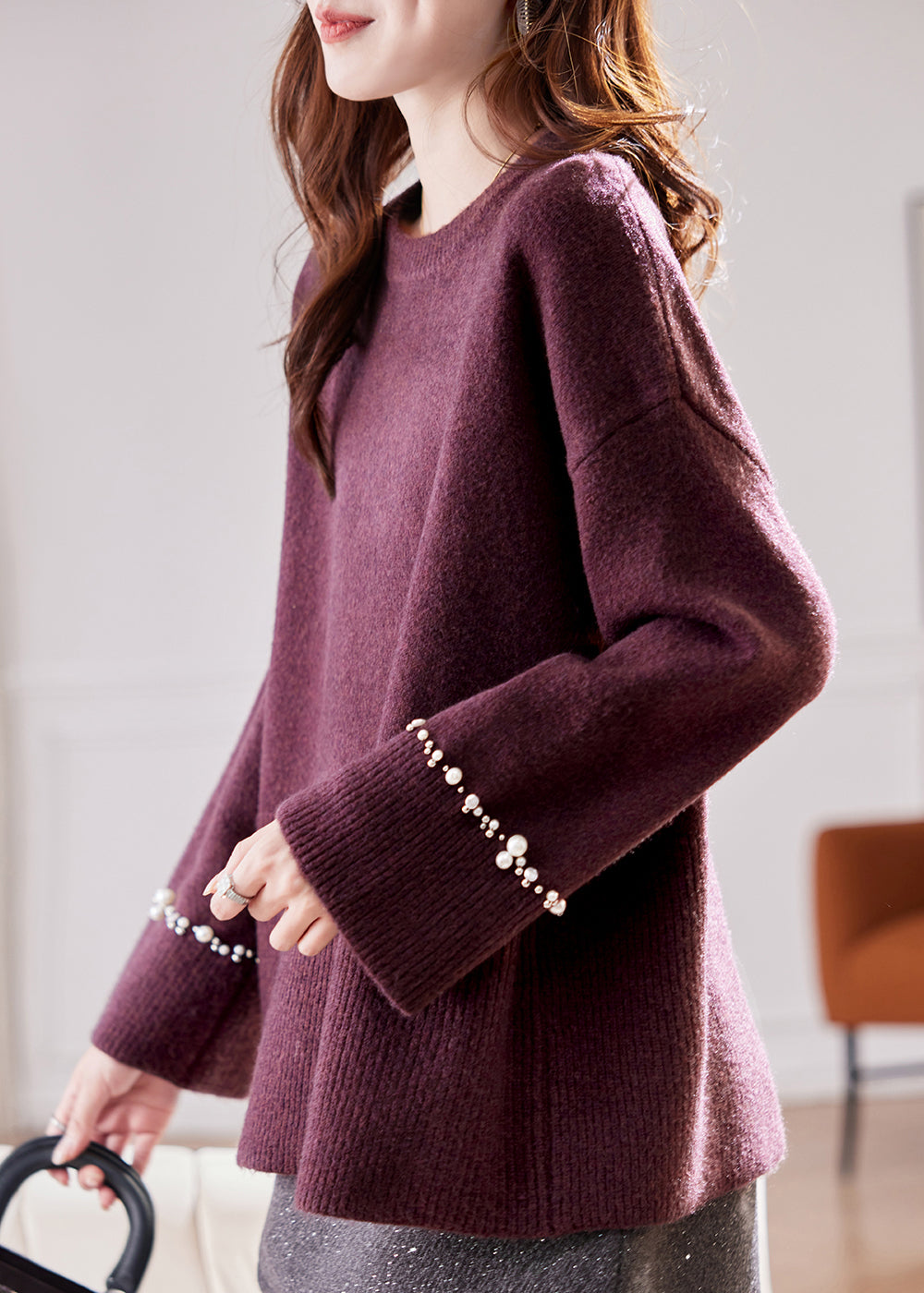 Stylish Purple O-Neck Cozy Thick Cotton Knit Sweater Batwing Sleeve