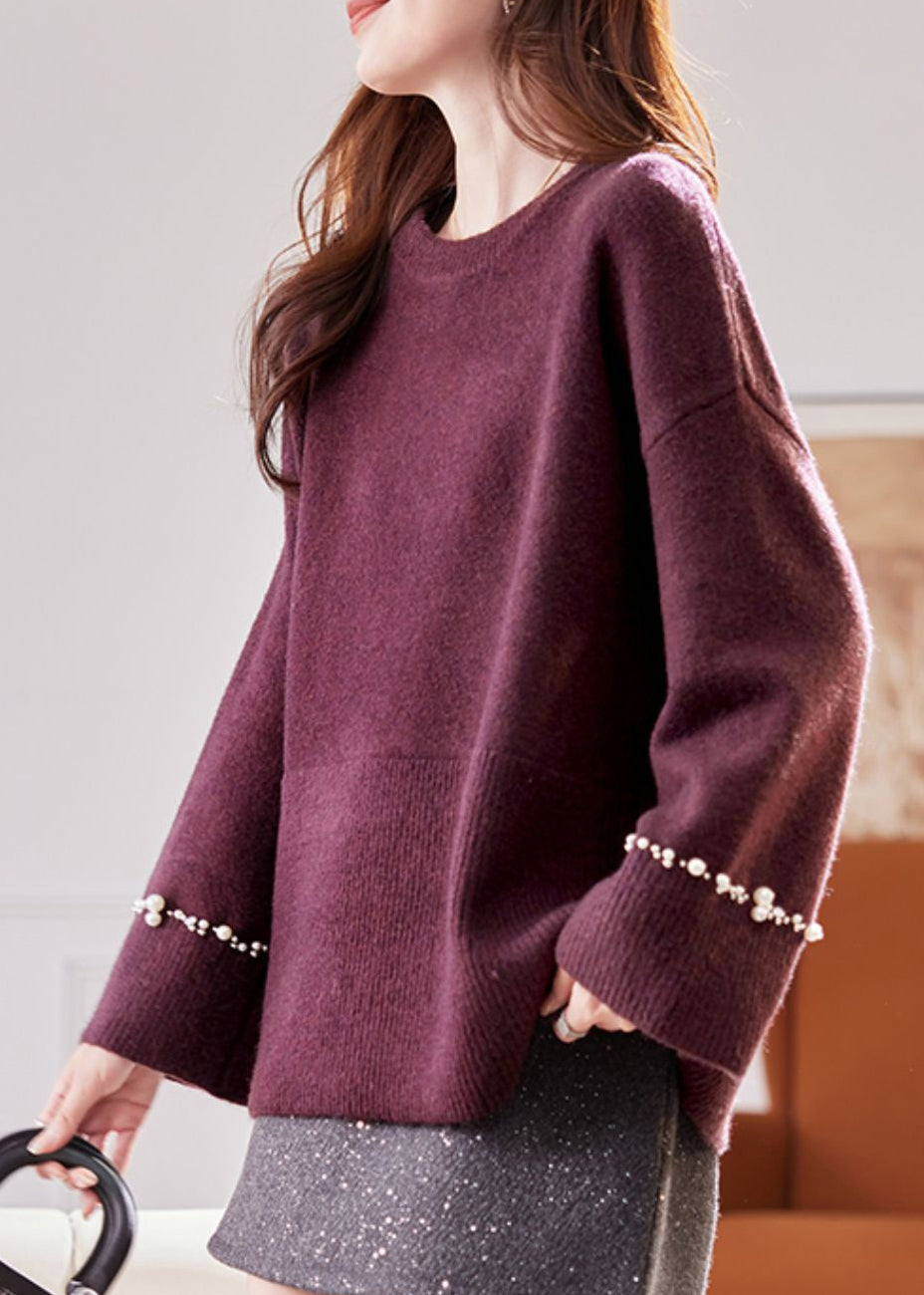 Stylish Purple O-Neck Cozy Thick Cotton Knit Sweater Batwing Sleeve