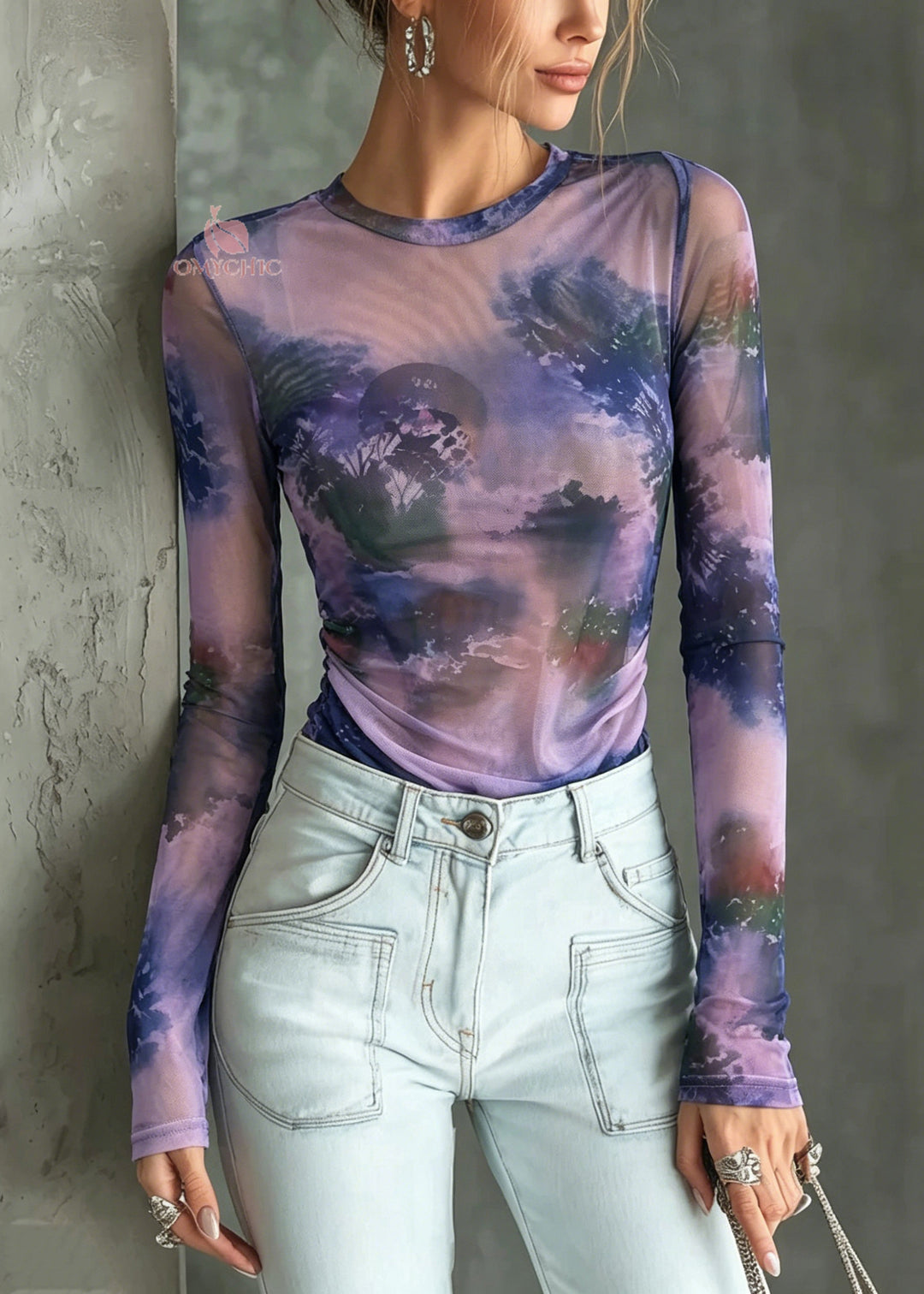 Stylish Purple O Neck Tie Dye Tulle Top Summer
