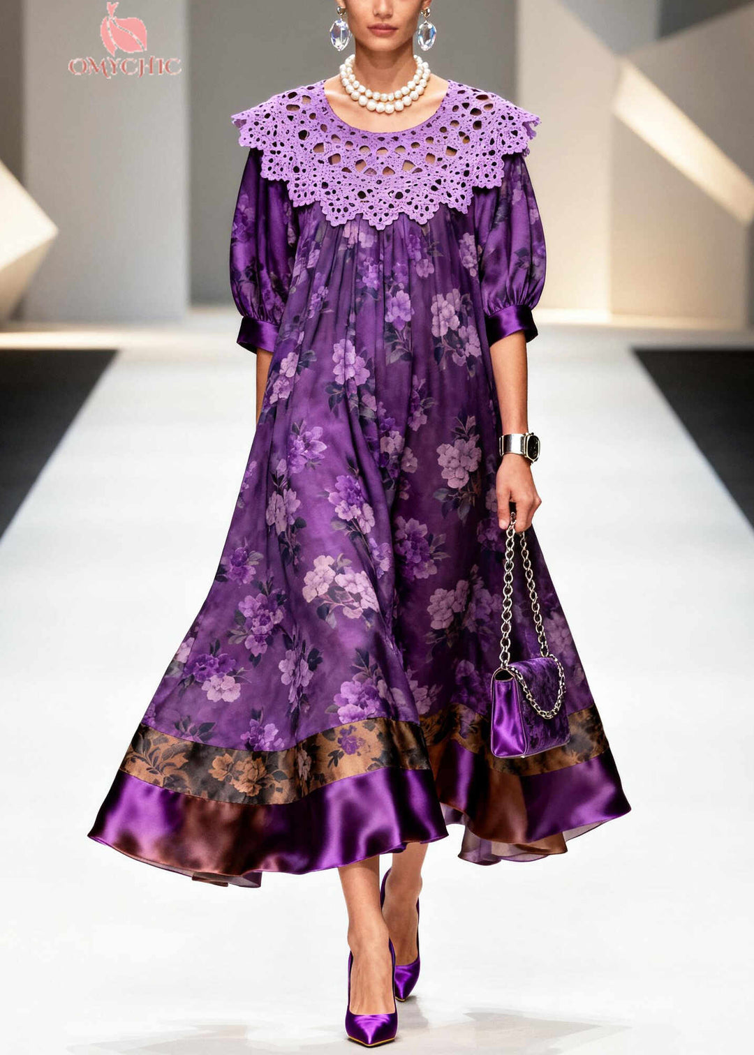 Stylish Purple Oversized Patchwork Hollow Out Silk Dinner Dress Summer