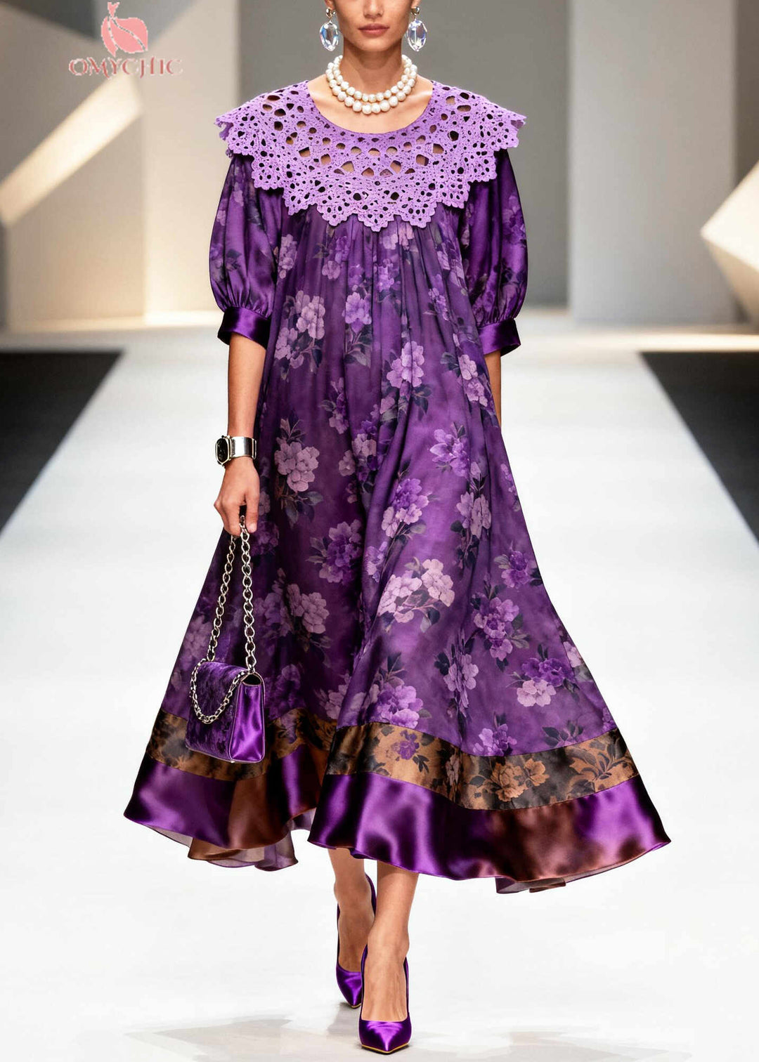 Stylish Purple Oversized Patchwork Hollow Out Silk Dinner Dress Summer