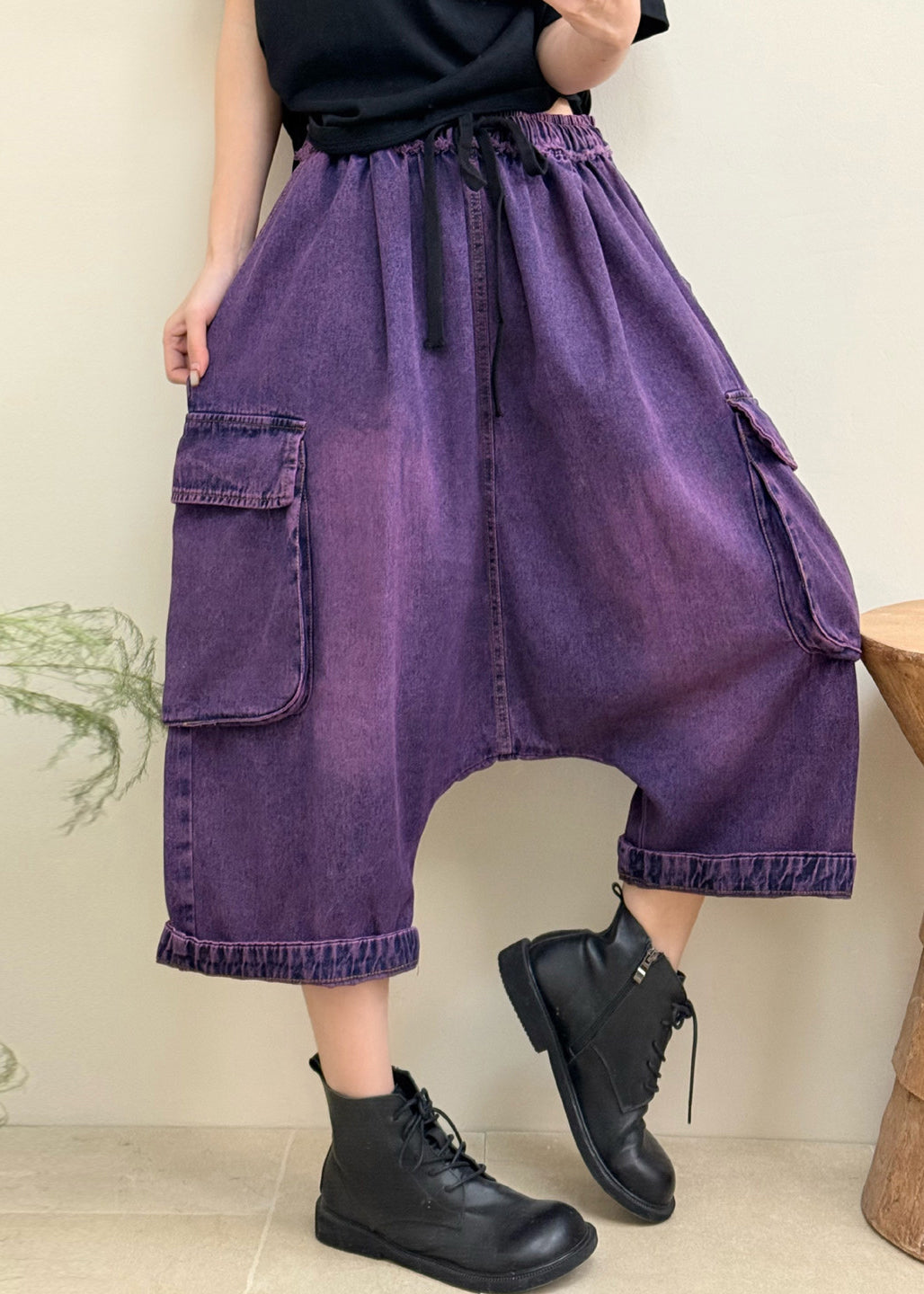 Stylish Purple Pockets Elastic Waist Patchwork Denim Crop Pants Fall