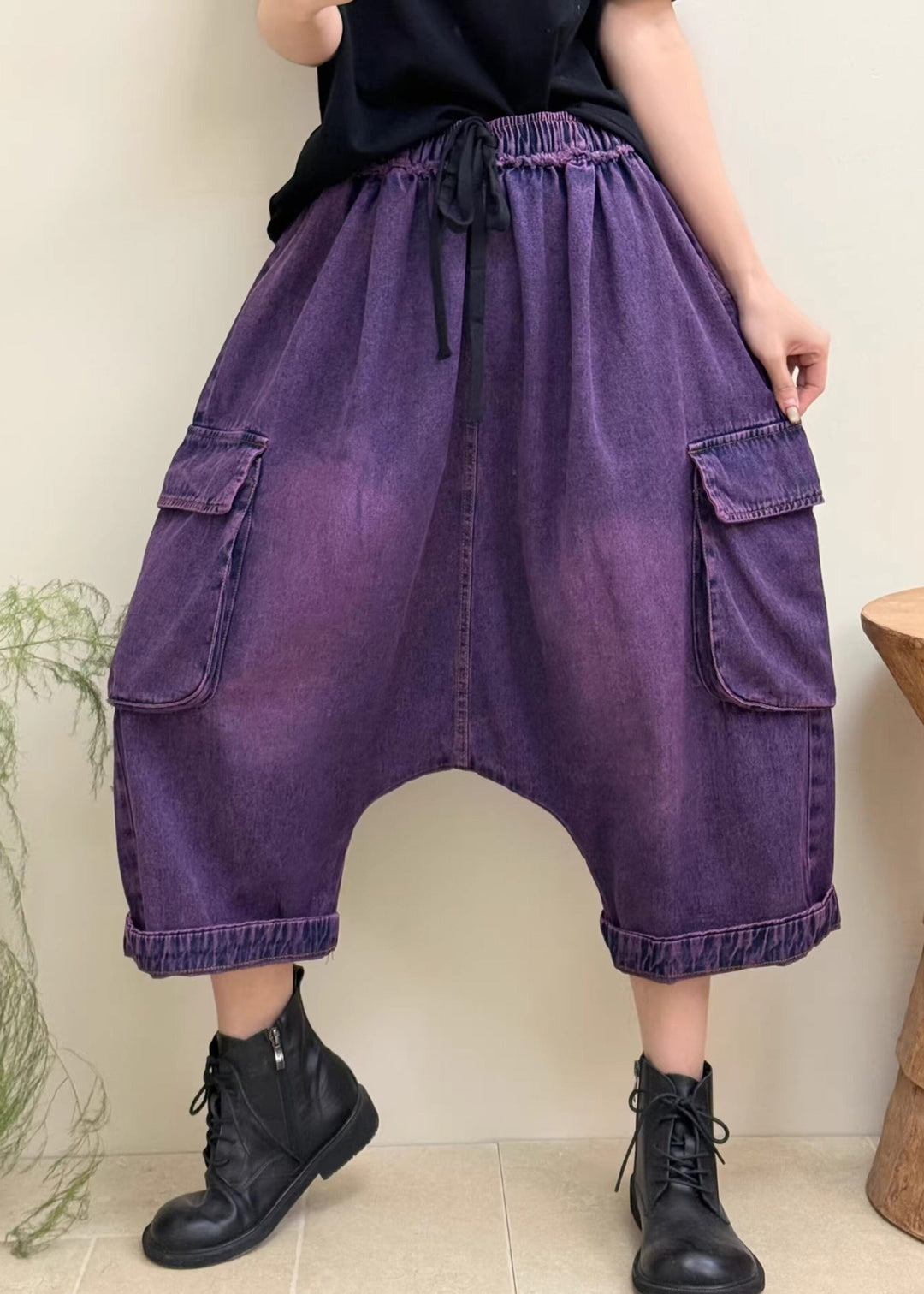Stylish Purple Pockets Elastic Waist Patchwork Denim Crop Pants Fall