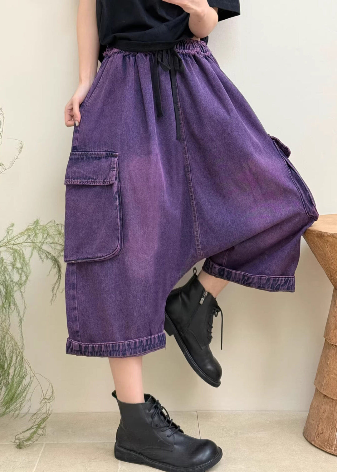 Stylish Purple Pockets Elastic Waist Patchwork Denim Crop Pants Fall