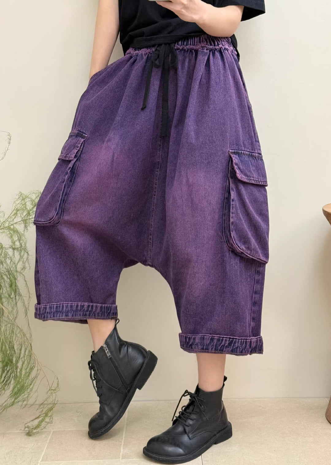 Stylish Purple Pockets Elastic Waist Patchwork Denim Crop Pants Fall