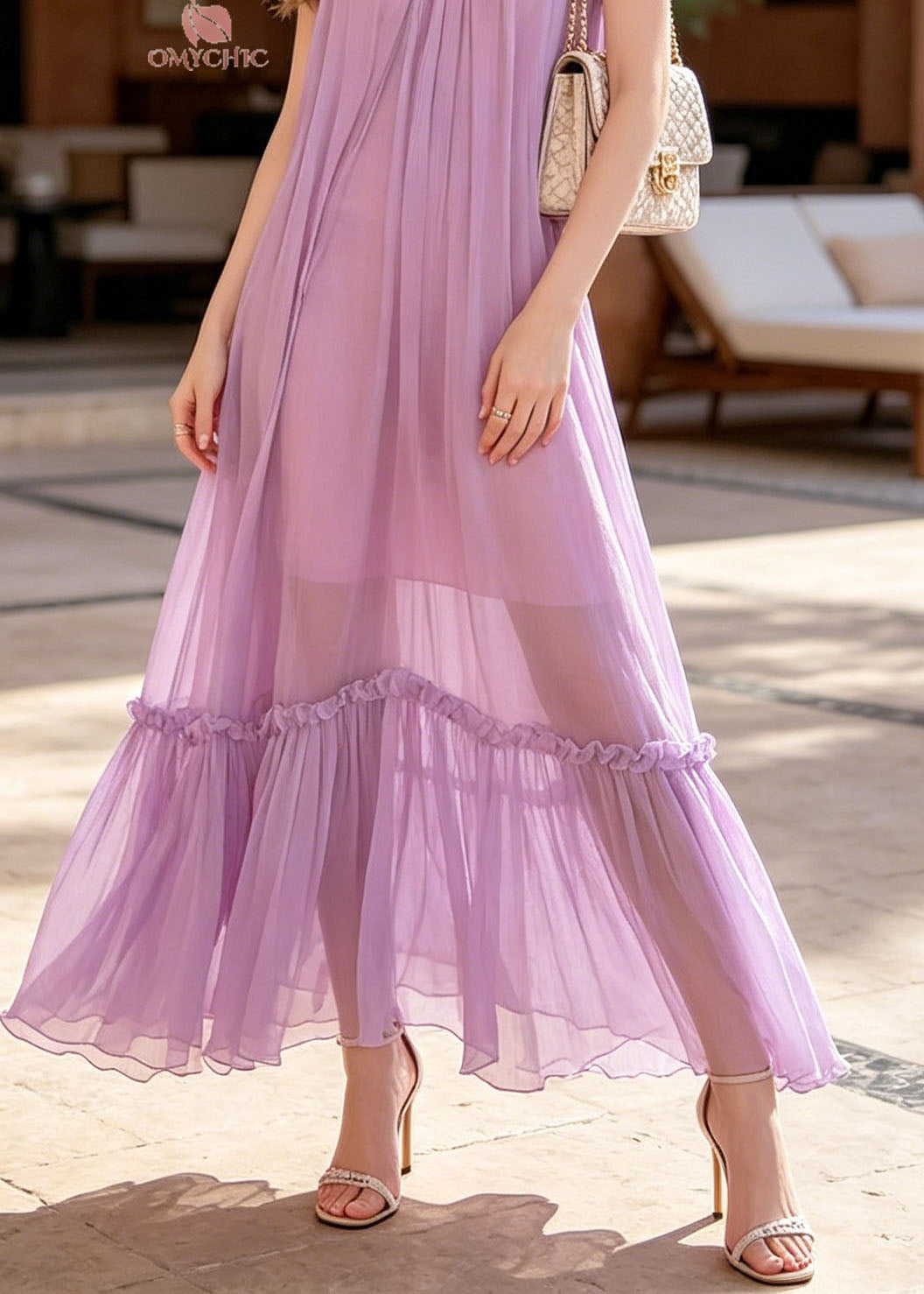 Stylish Purple Ruffled Patchwork Chiffon Maxi Dresses Summer
