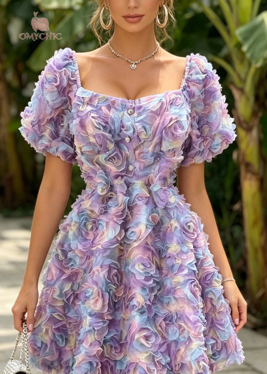Stylish Purple Square Collar Puff Sleeve Floral Tulle Dress