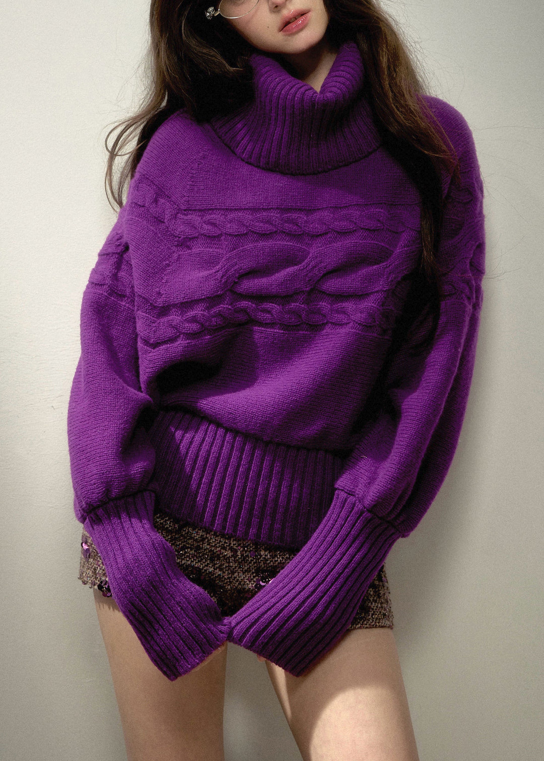 Stylish Purple Turtleneck Thick Cotton Knit Sweater Fall