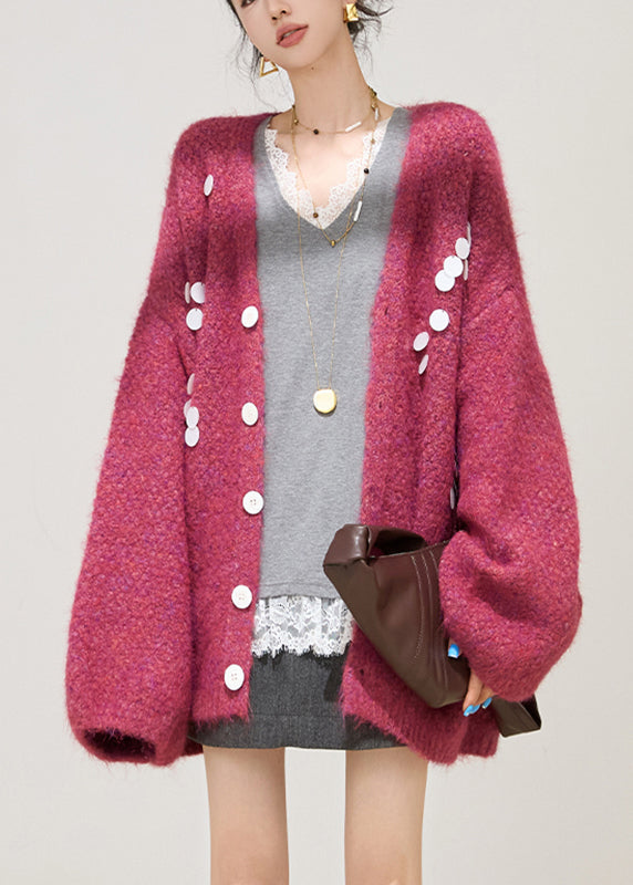 Stylish Purple V Neck Cotton Knit Cardigan Lantern Sleeve