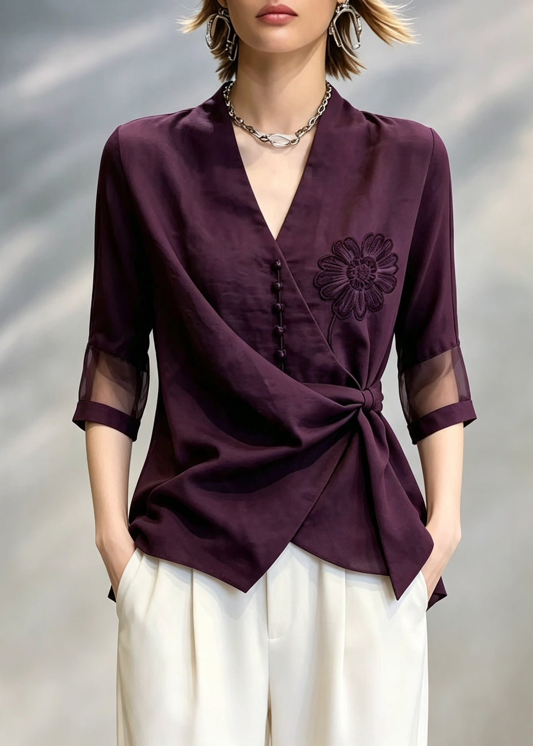 Stylish Purple V Neck Embroidered Floral Shirt Tops Bracelet Sleeve