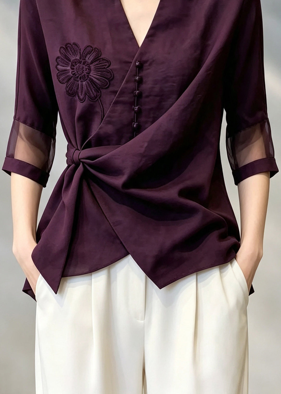 Stylish Purple V Neck Embroidered Floral Shirt Tops Bracelet Sleeve