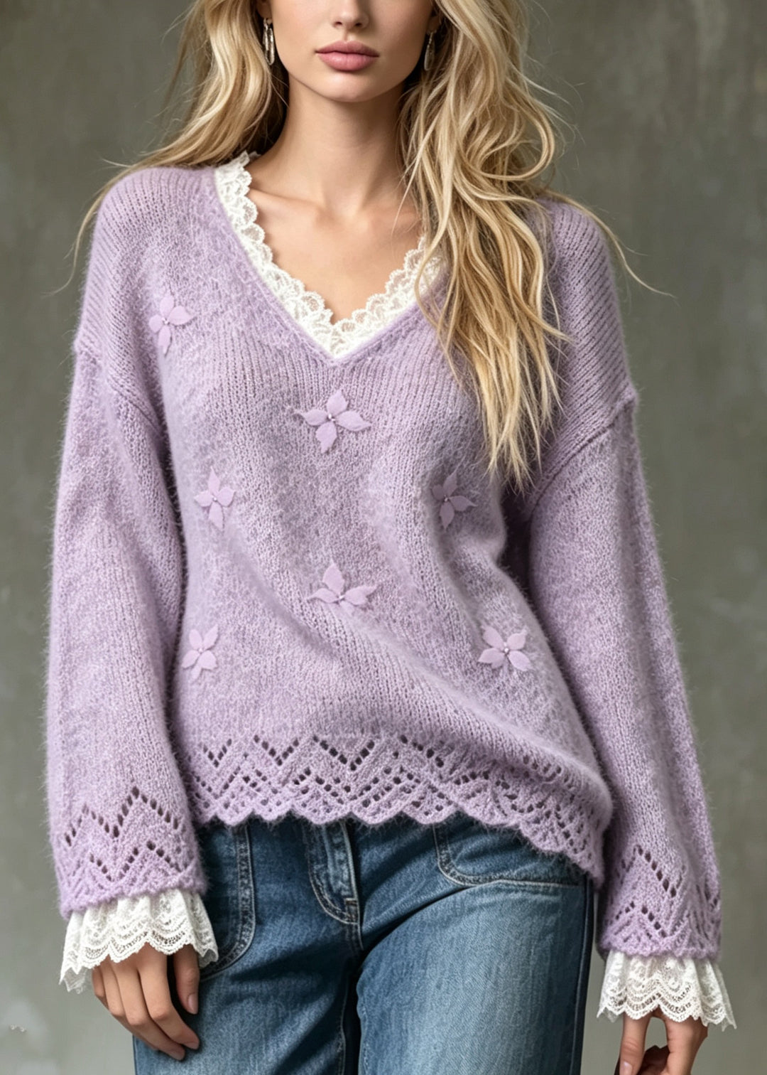 Stylish Purple V Neck Patchwork Lace Sculptural Butterfly Knit Sweaters Fall