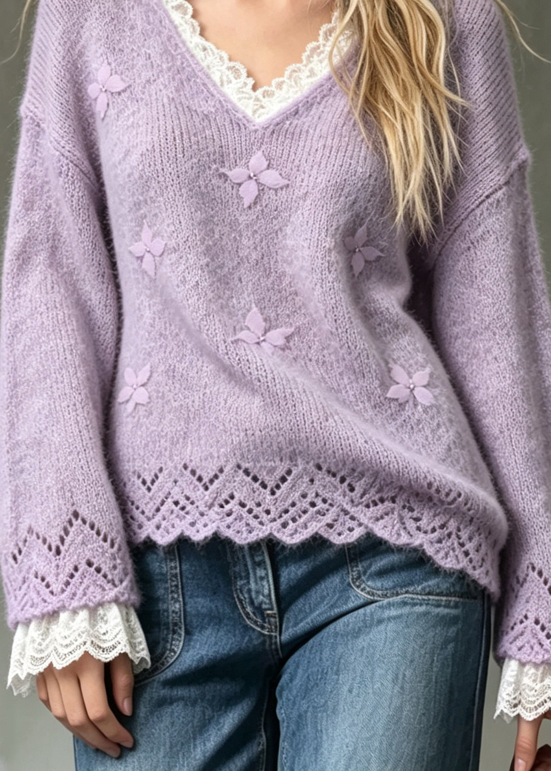 Stylish Purple V Neck Patchwork Lace Sculptural Butterfly Knit Sweaters Fall