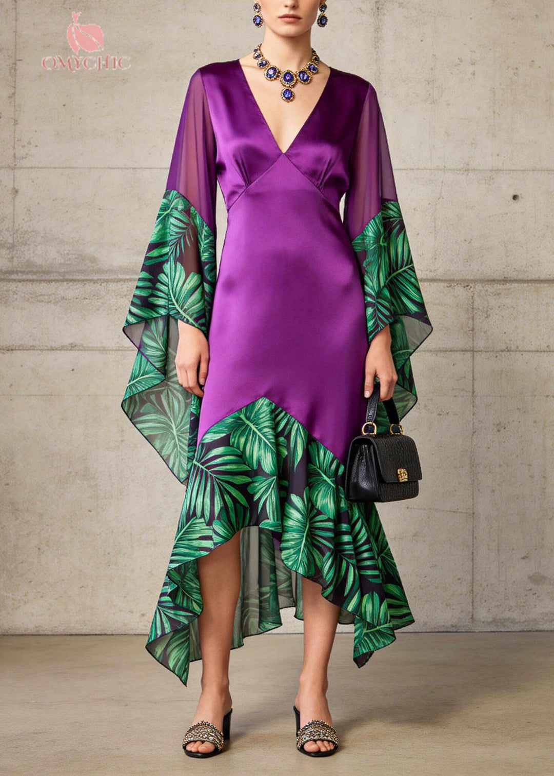 Stylish Purple V Neck Patchwork Silk Long Dress Flare Sleeve
