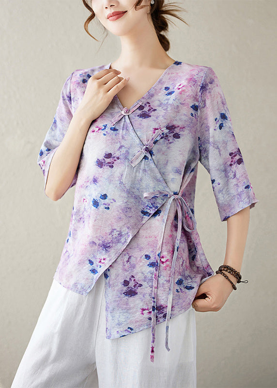 Stylish Purple V Neck Print Lace Up Cotton Shirt Half Sleeve