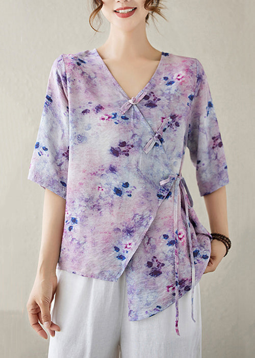 Stylish Purple V Neck Print Lace Up Cotton Shirt Half Sleeve