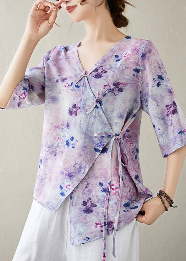 Stylish Purple V Neck Print Lace Up Cotton Shirt Half Sleeve