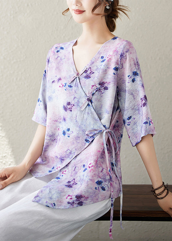 Stylish Purple V Neck Print Lace Up Cotton Shirt Half Sleeve