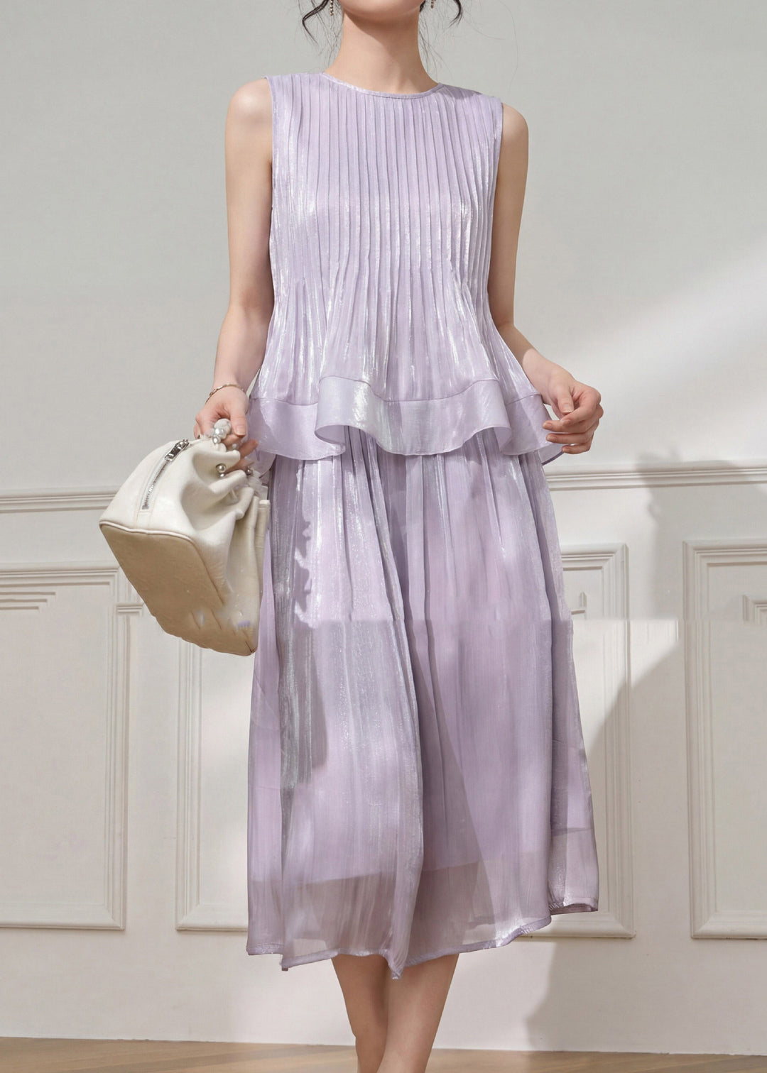 Stylish Purple Wrinkled Top And Maxi Skirts Two Pieces Set Summer