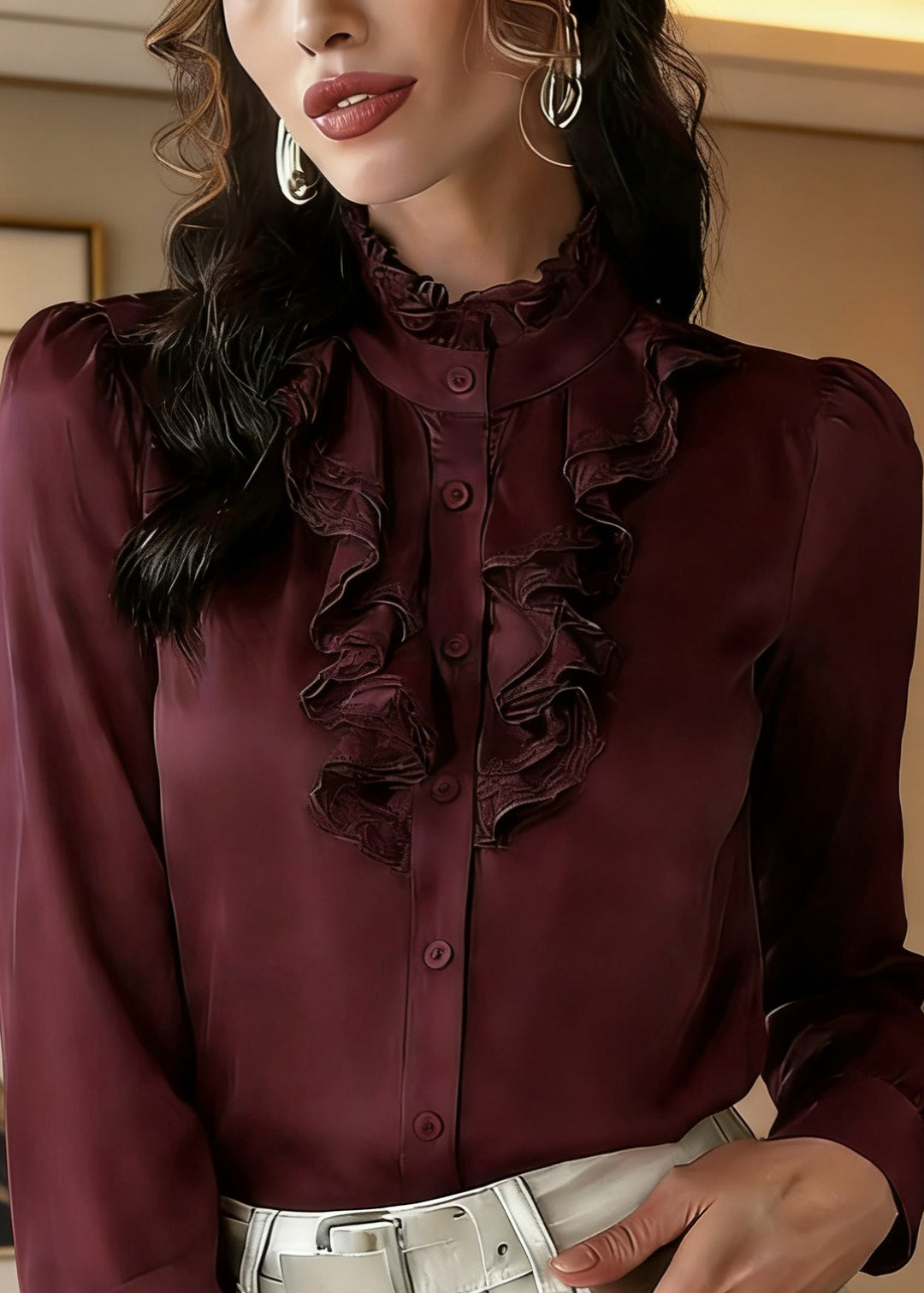 Stylish Purplish Red Button Solid Silk Top Spring - Omychic