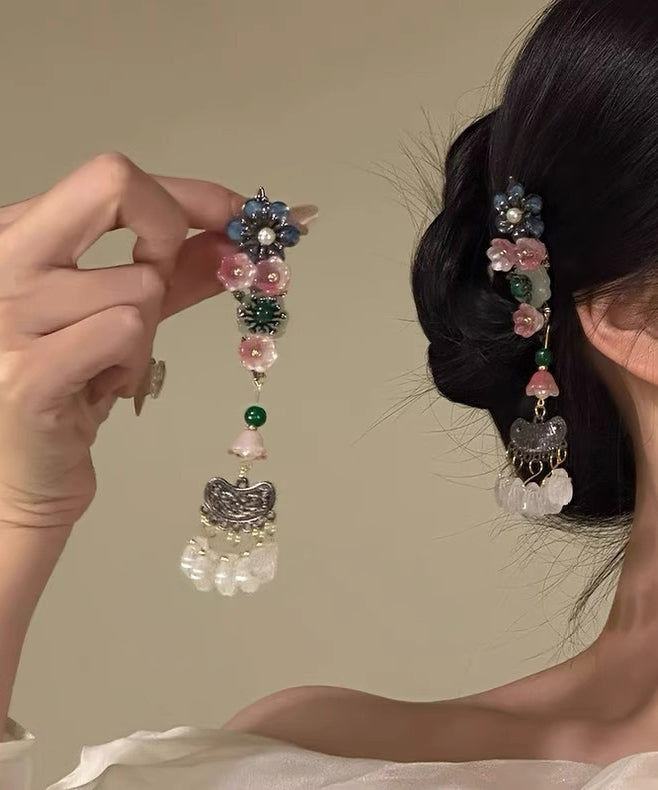 Stylish Rainbow Alloy Floral Pearl Tassel A Pair Hairpin