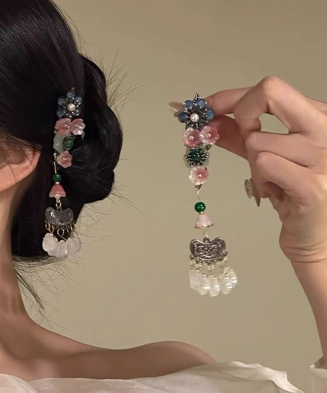 Stylish Rainbow Alloy Floral Pearl Tassel A Pair Hairpin