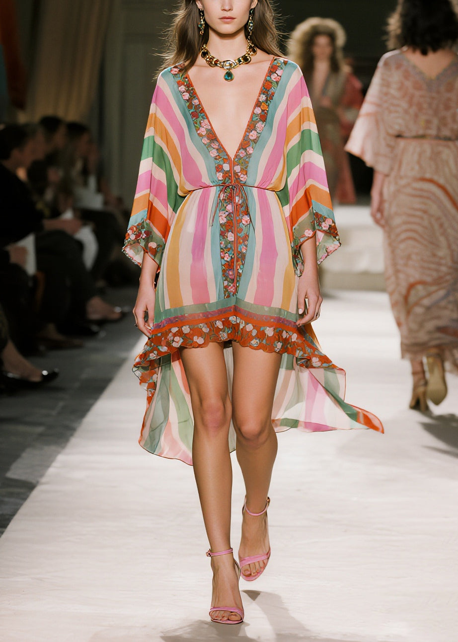 Stylish Rainbow Asymmetrical Striped Chiffon Day Dress Summer