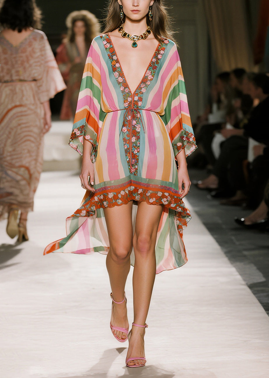 Stylish Rainbow Asymmetrical Striped Chiffon Day Dress Summer