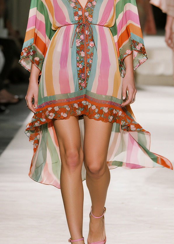 Stylish Rainbow Asymmetrical Striped Chiffon Day Dress Summer