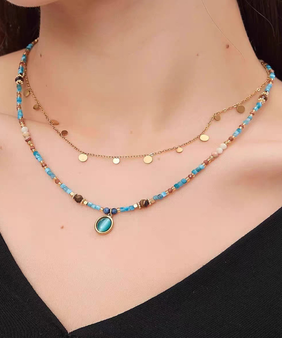 Stylish Rainbow Stainless Steel Crystal Cat's Eye Beading Pendant Necklace