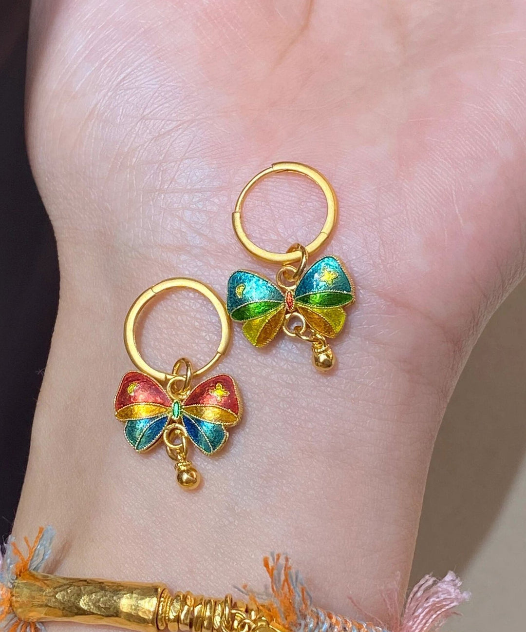 Stylish Rainbow Sterling Silver Overgild Butterfly Drip Glaze Hoop Earrings