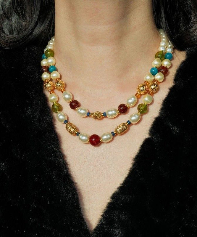 Stylish Rainbow Sterling Silver Overgild Pearl Beading Double-Layer Gratuated Bead Necklace