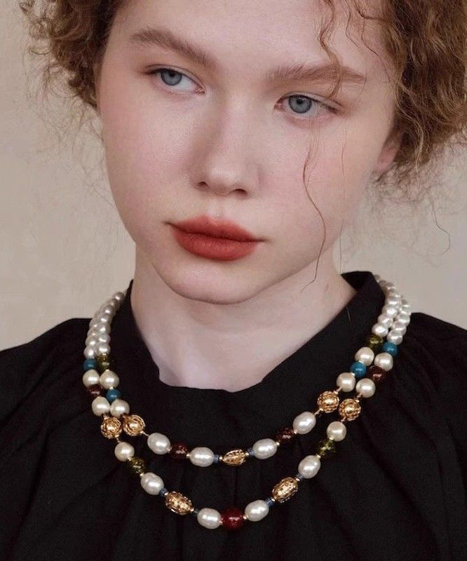 Stylish Rainbow Sterling Silver Overgild Pearl Beading Double-Layer Gratuated Bead Necklace