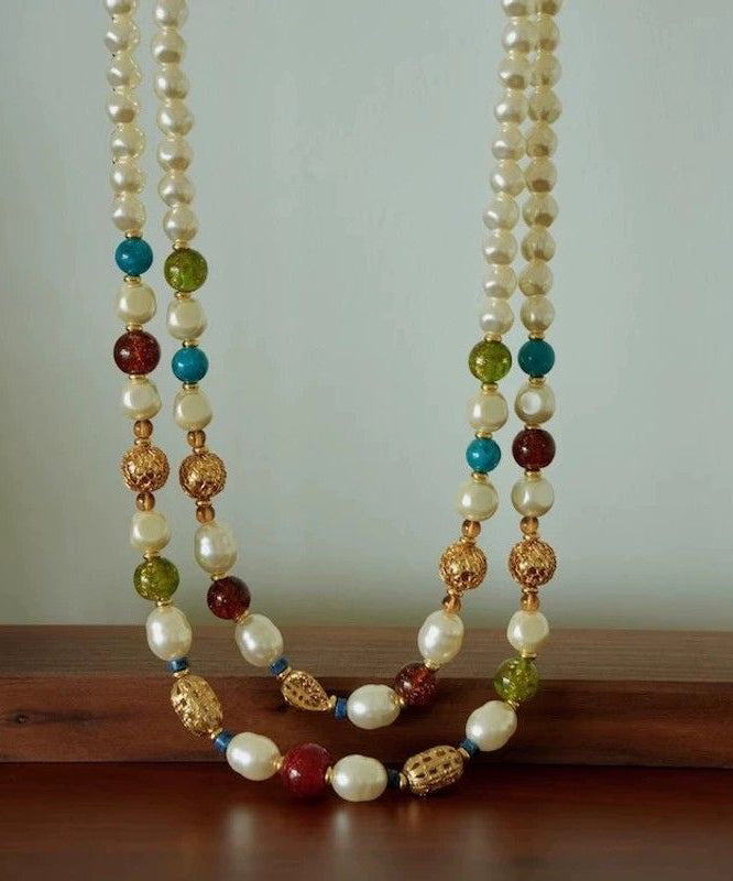 Stylish Rainbow Sterling Silver Overgild Pearl Beading Double-Layer Gratuated Bead Necklace