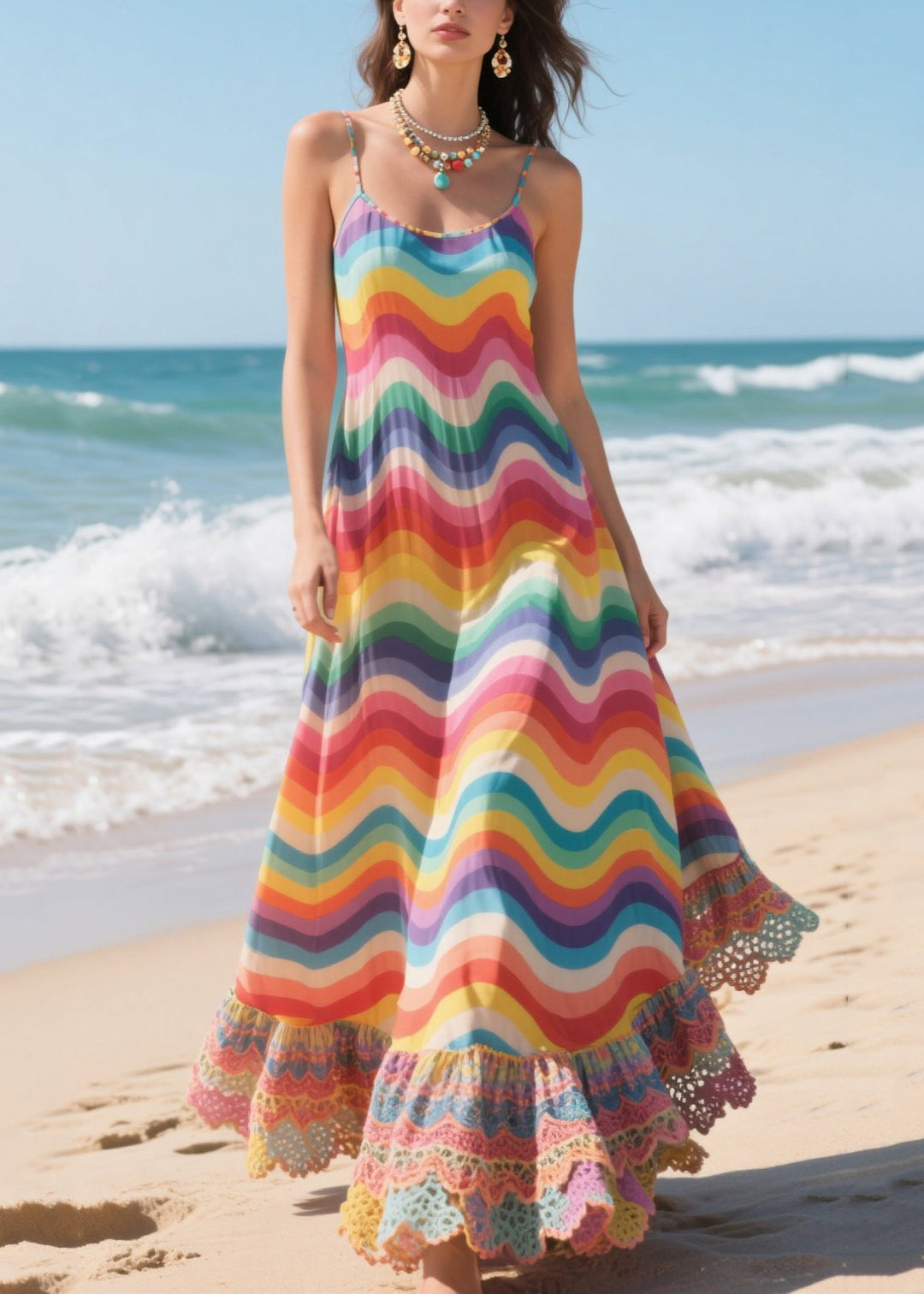 Stylish Rainbow Striped Patchwork Lace Spaghetti Strap Dress Summer