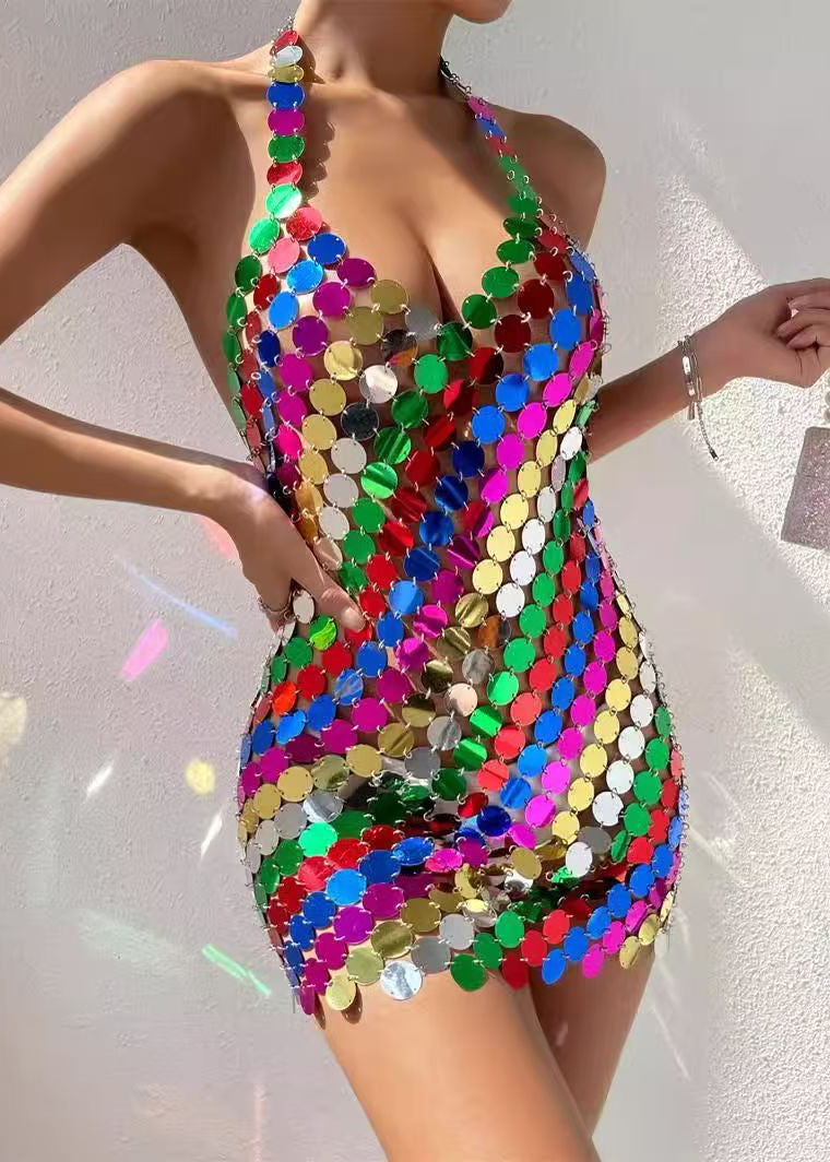 Stylish Rainbow V Neck Halter Backless Mini Dress Summer
