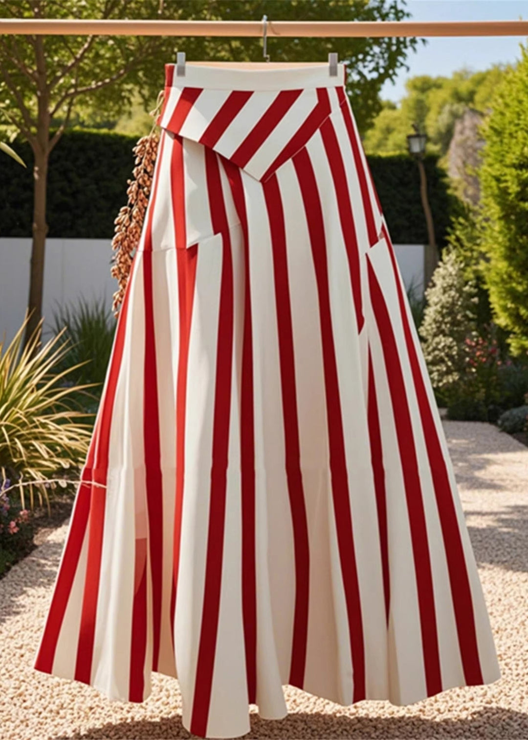 Stylish Red Asymmetrical Striped High Waist Cotton Skirt Summer