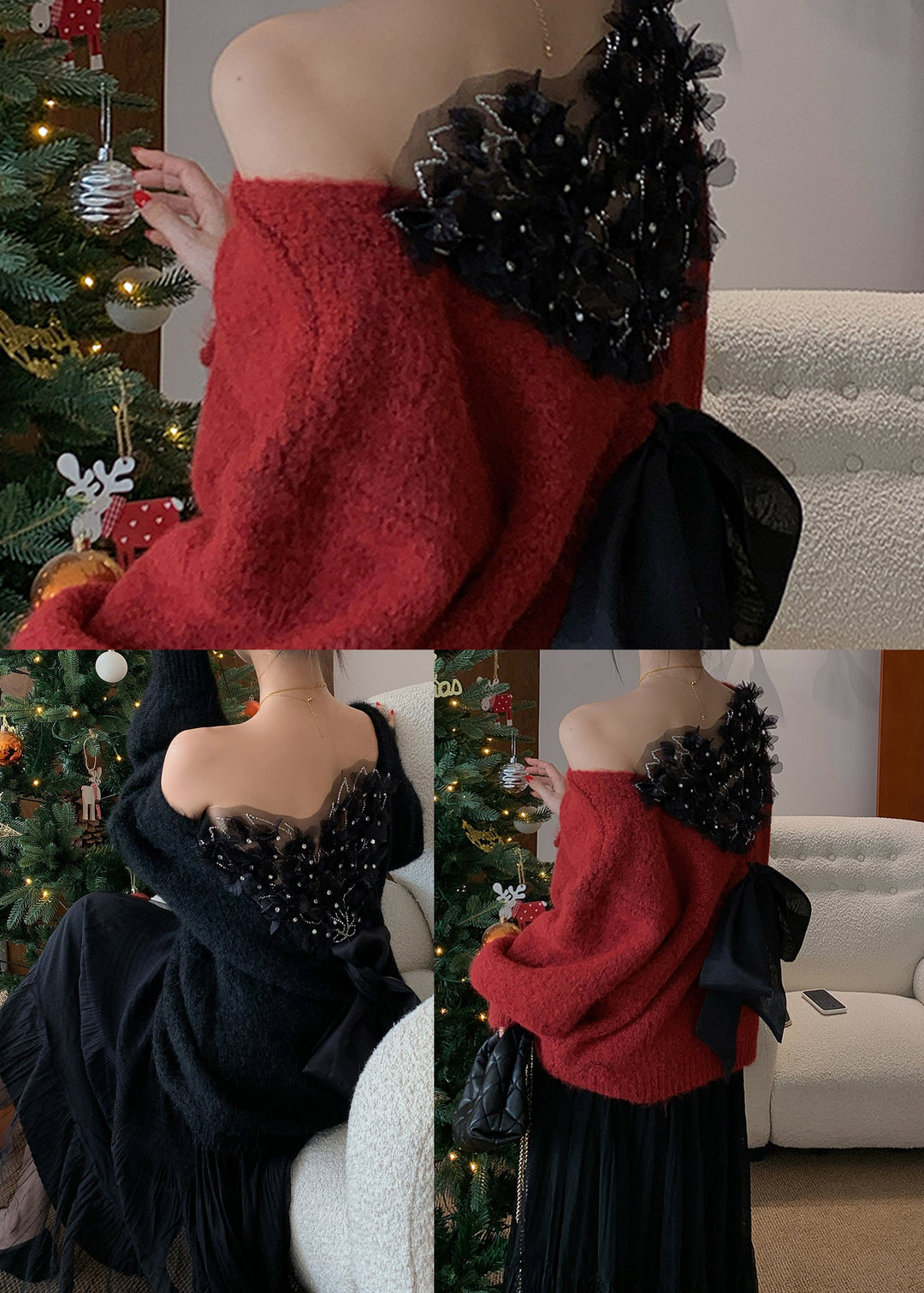 Stylish Red Backless Bow Knitted Tops Winter