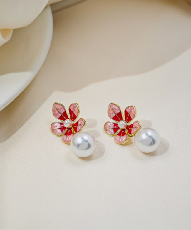 Stylish Red Copper Alloy Pearl Floral Drop Earrings