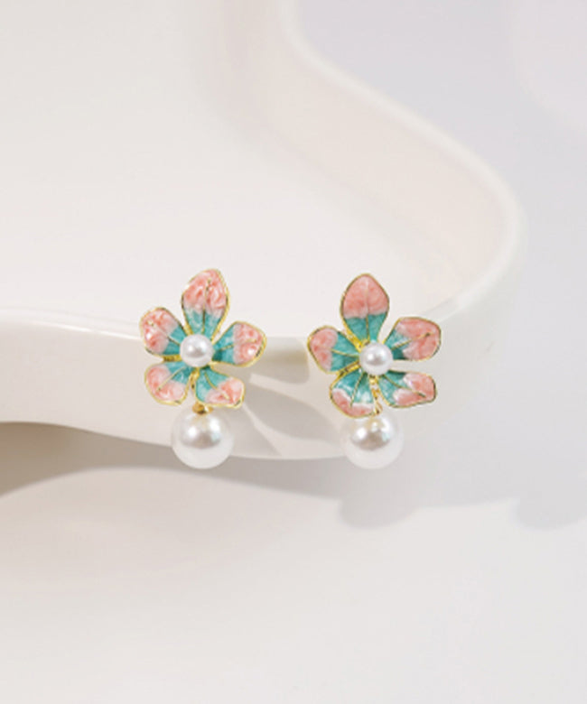 Stylish Red Copper Alloy Pearl Floral Drop Earrings