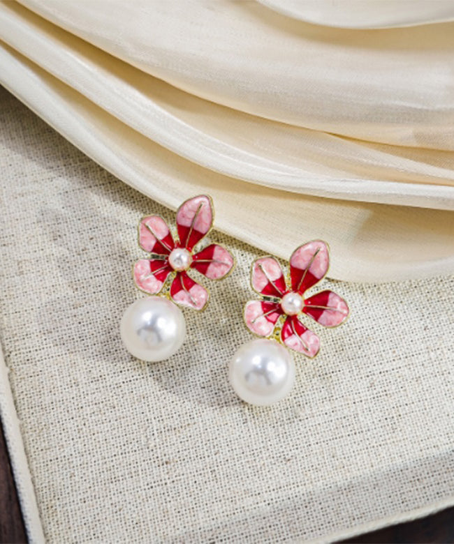 Stylish Red Copper Alloy Pearl Floral Drop Earrings