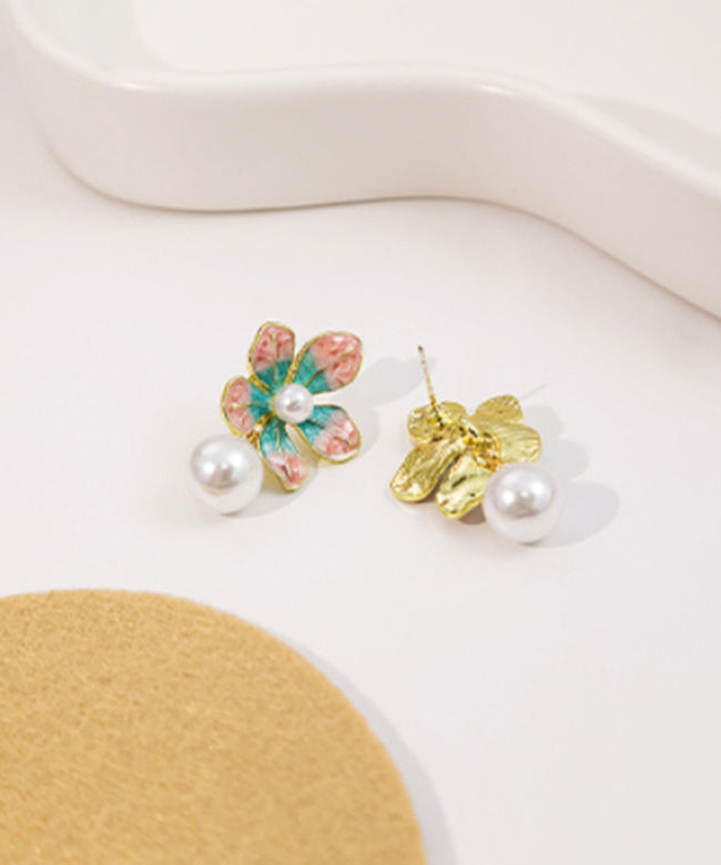 Stylish Red Copper Alloy Pearl Floral Drop Earrings