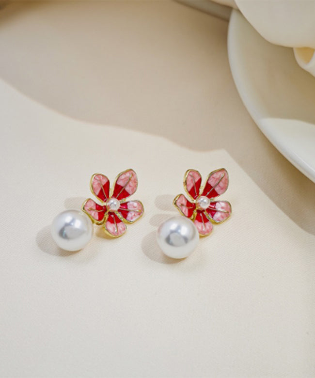 Stylish Red Copper Alloy Pearl Floral Drop Earrings