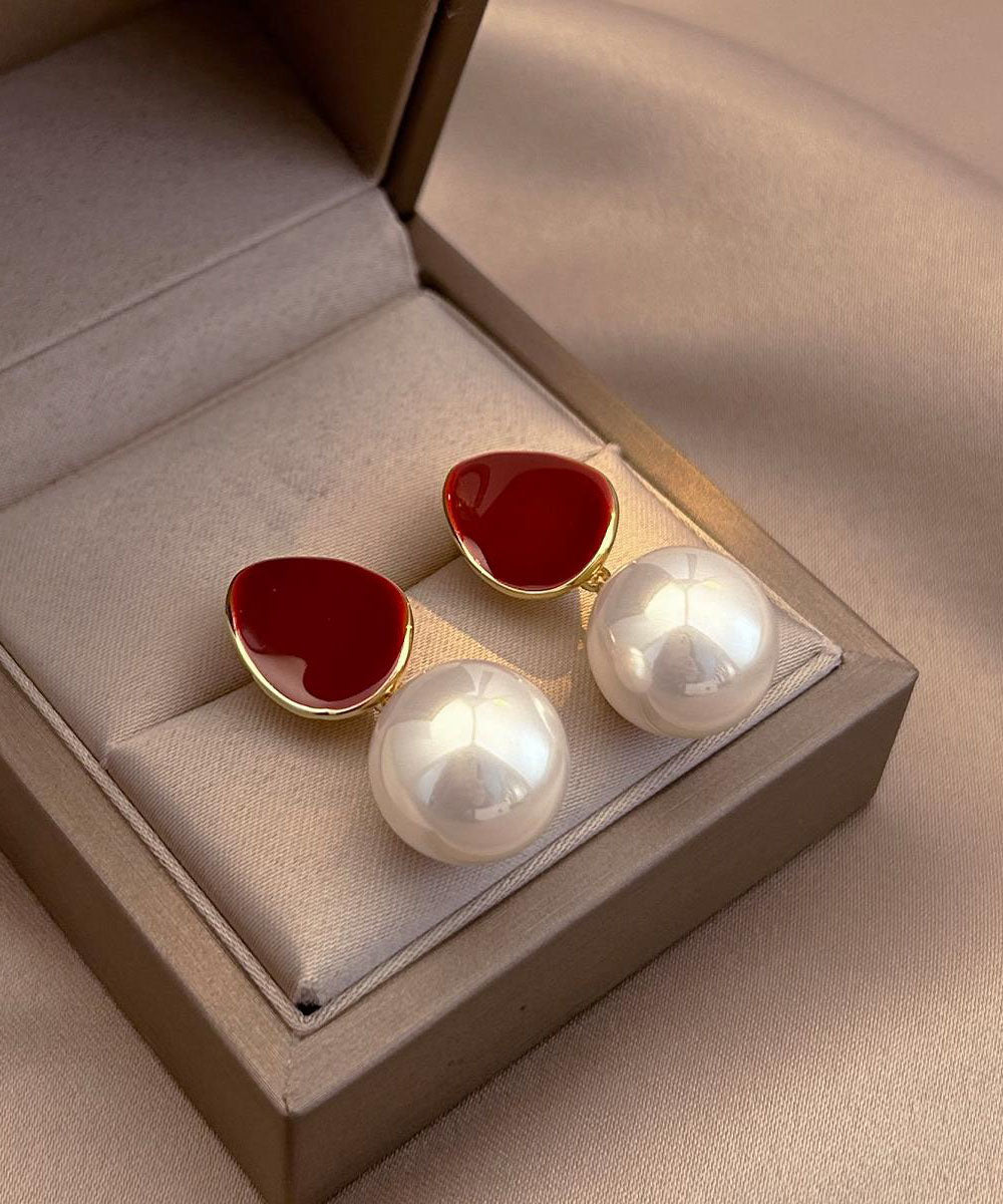 Stylish Red Copper Overgild Pearl Stud Earrings