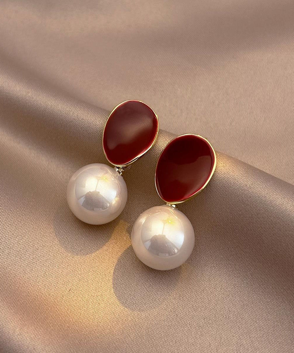 Stylish Red Copper Overgild Pearl Stud Earrings